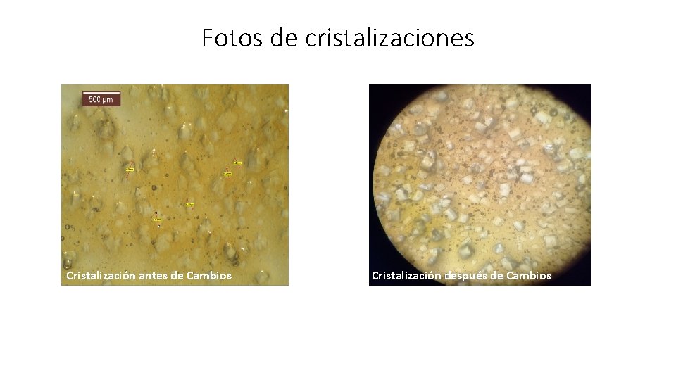 Fotos de cristalizaciones Cristalización antes de Cambios Cristalización después de Cambios 