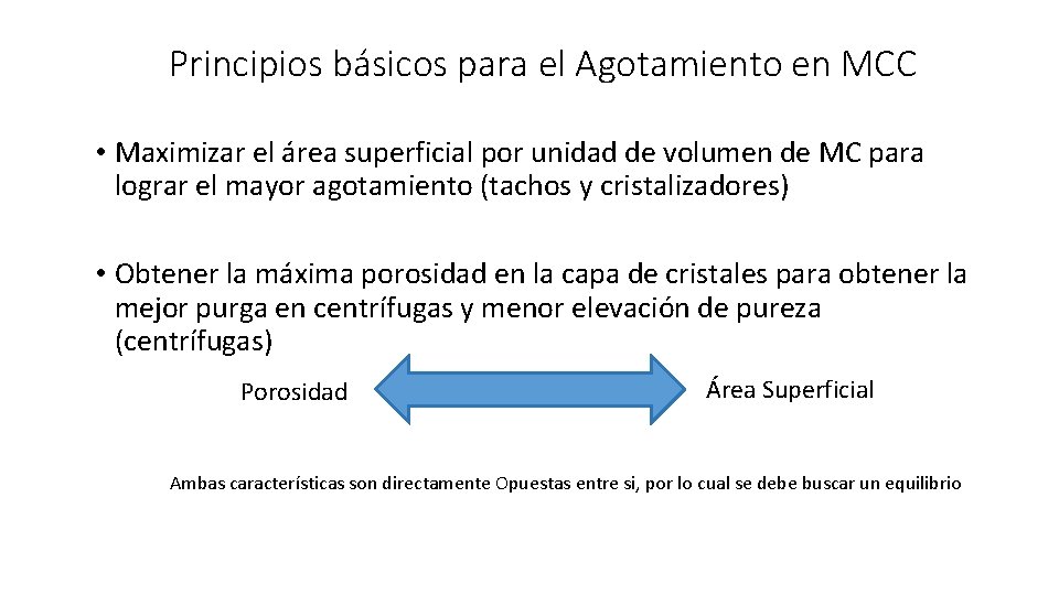 Principios básicos para el Agotamiento en MCC • Maximizar el área superficial por unidad