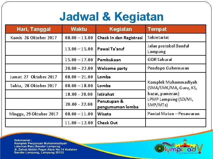 Jadwal & Kegiatan Hari, Tanggal Kamis 26 Oktober 2017 Waktu Kegiatan 08. 00 –