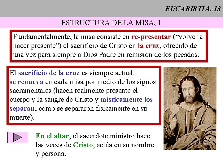 EUCARISTIA, 13 ESTRUCTURA DE LA MISA, 1 Fundamentalmente, la misa consiste en re-presentar (“volver