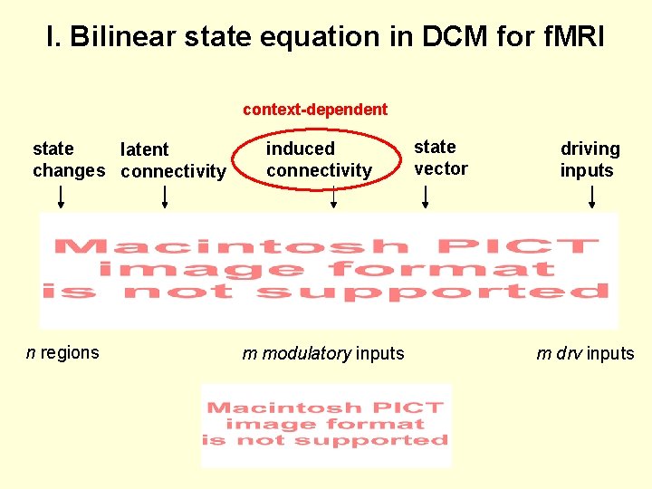 I. Bilinear state equation in DCM for f. MRI context-dependent state latent changes connectivity
