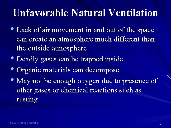 Unfavorable Natural Ventilation • Lack of air movement in and out of the space