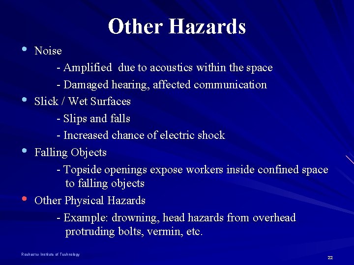  • • Other Hazards Noise - Amplified due to acoustics within the space