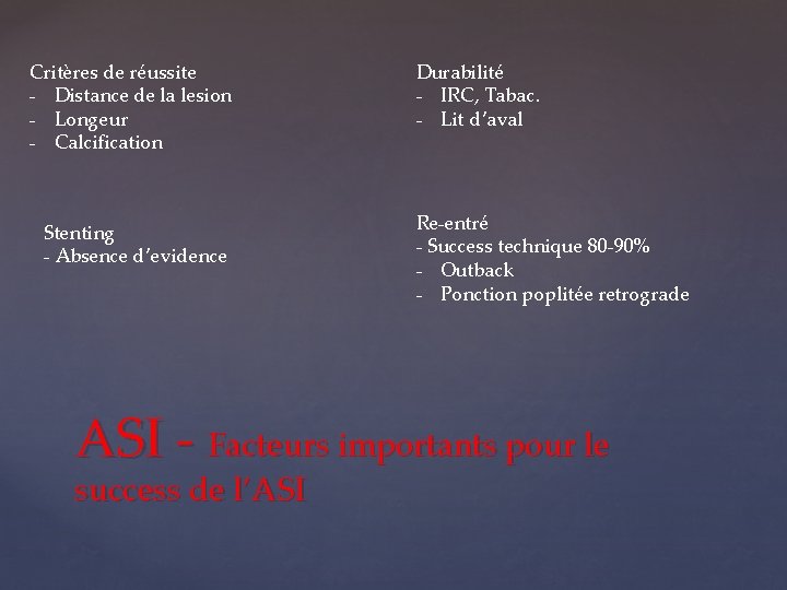 Critères de réussite - Distance de la lesion - Longeur - Calcification Stenting -