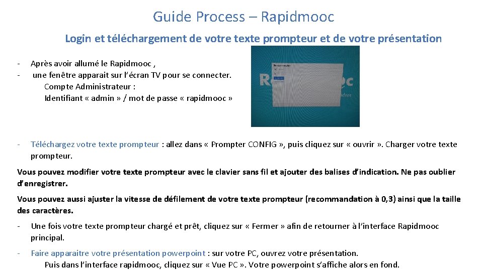 Guide Process – Rapidmooc Login et téléchargement de votre texte prompteur et de votre