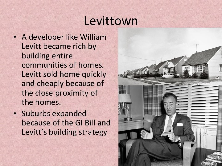 Levittown • A developer like William Levitt became rich by building entire communities of