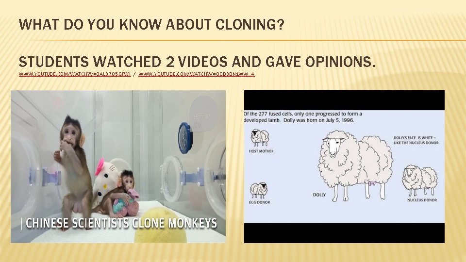 WHAT DO YOU KNOW ABOUT CLONING? STUDENTS WATCHED 2 VIDEOS AND GAVE OPINIONS. WWW.