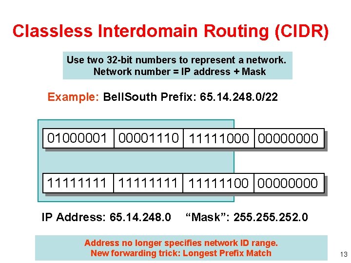 Classless Interdomain Routing (CIDR) Use two 32 -bit numbers to represent a network. Network