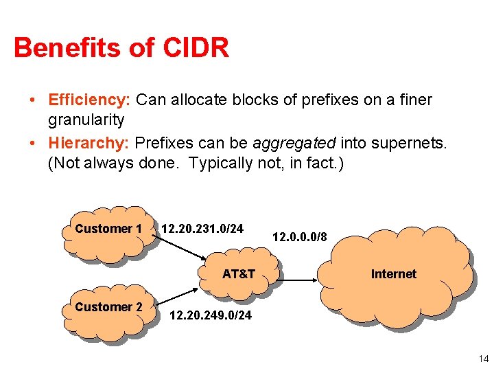 Benefits of CIDR • Efficiency: Can allocate blocks of prefixes on a finer granularity