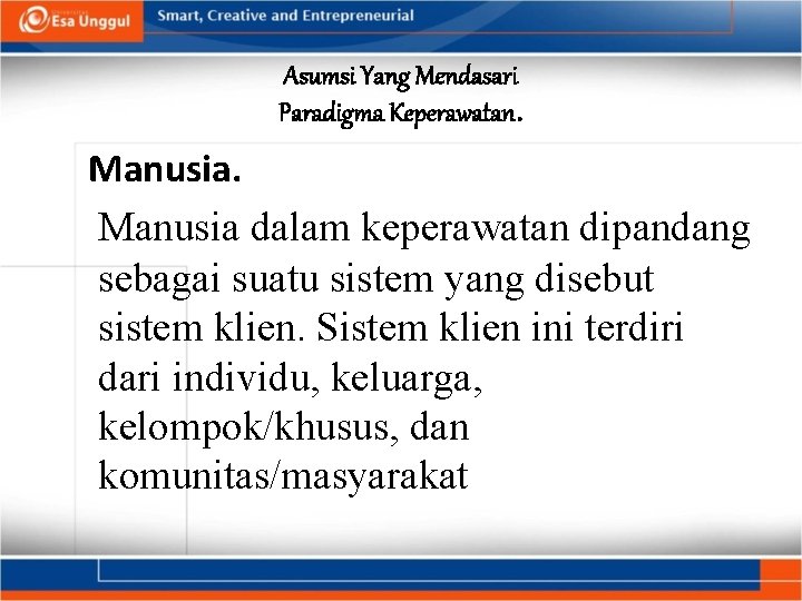 Asumsi Yang Mendasari Paradigma Keperawatan. Manusia dalam keperawatan dipandang sebagai suatu sistem yang disebut