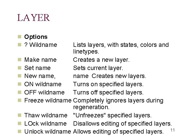 LAYER n Options n ? Wildname n n n n n Lists layers, with