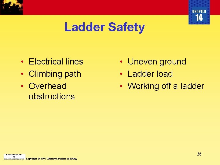 CHAPTER Ladder Safety • Electrical lines • Climbing path • Overhead obstructions 14 •