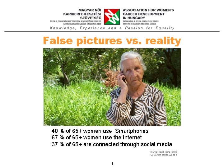 False pictures vs. reality 40 % of 65+ women use Smartphones 67 % of