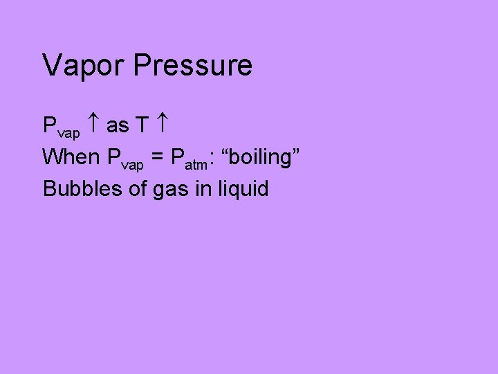 Vapor Pressure Pvap as T When Pvap = Patm: “boiling” Bubbles of gas in
