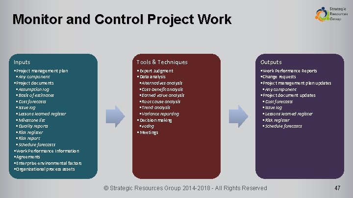 Monitor and Control Project Work Inputs Tools & Techniques Outputs • Project management plan