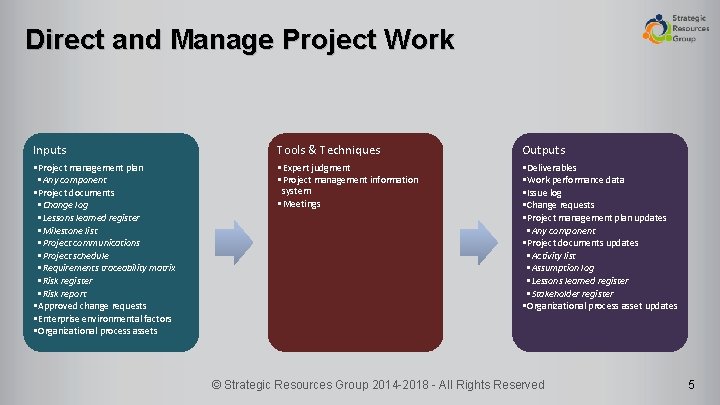 Direct and Manage Project Work Inputs Tools & Techniques Outputs • Project management plan