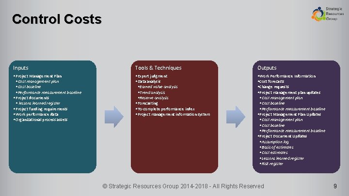 Control Costs Inputs Tools & Techniques Outputs • Project Management Plan • Cost management