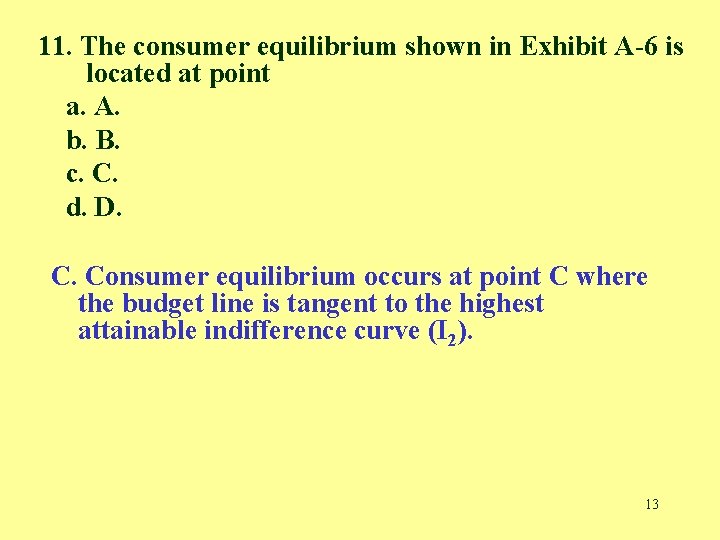 11. The consumer equilibrium shown in Exhibit A-6 is located at point a. A.