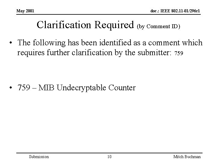 May 2001 doc. : IEEE 802. 11 -01/296 r 1 Clarification Required (by Comment