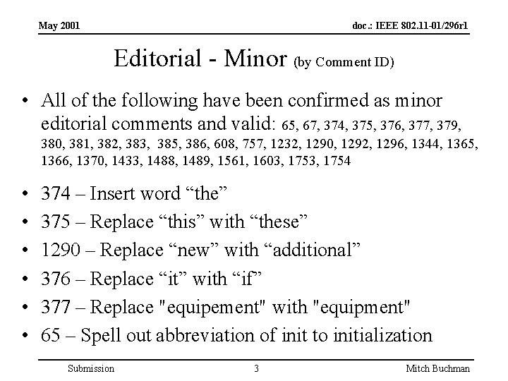 May 2001 doc. : IEEE 802. 11 -01/296 r 1 Editorial - Minor (by
