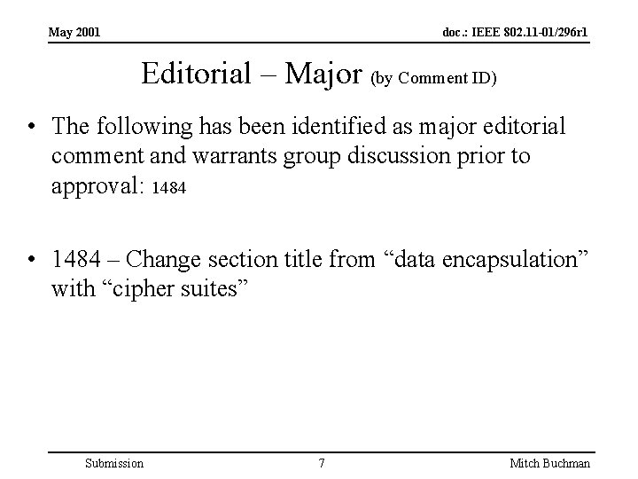 May 2001 doc. : IEEE 802. 11 -01/296 r 1 Editorial – Major (by