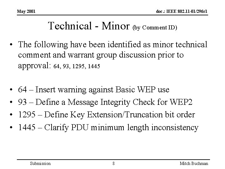 May 2001 doc. : IEEE 802. 11 -01/296 r 1 Technical - Minor (by