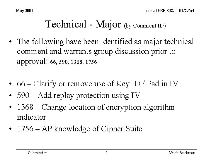 May 2001 doc. : IEEE 802. 11 -01/296 r 1 Technical - Major (by