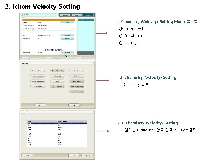 2. Ichem Velocity Setting 1. Chemistry (Velocity) Setting Menu 접근법 ① Instrument ② Go