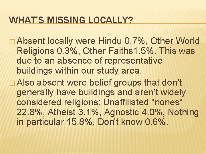 WHAT’S MISSING LOCALLY? � Absent locally were Hindu 0. 7%, Other World Religions 0.