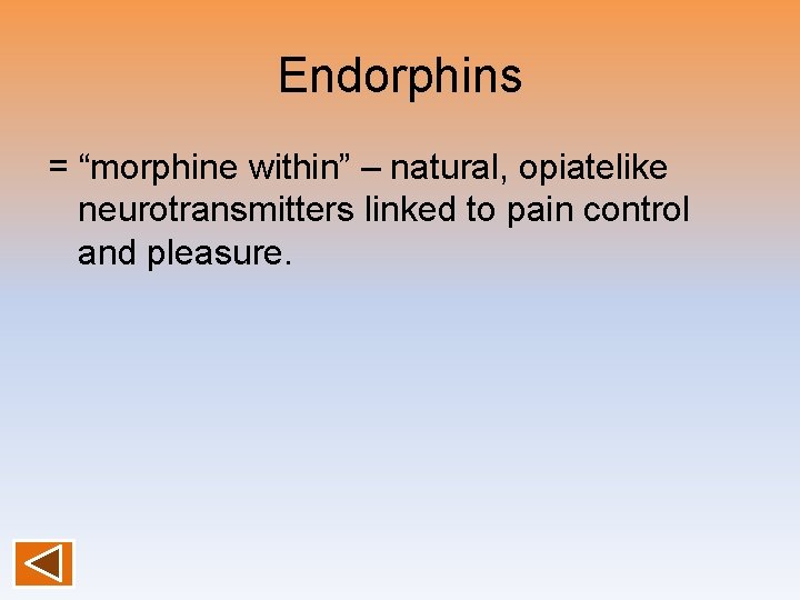 Endorphins = “morphine within” – natural, opiatelike neurotransmitters linked to pain control and pleasure.