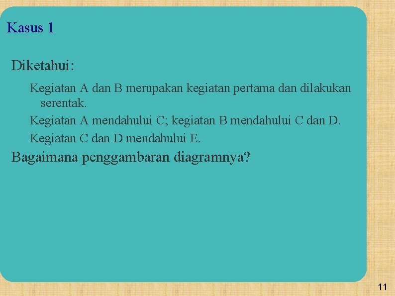 Kasus 1 Diketahui: Kegiatan A dan B merupakan kegiatan pertama dan dilakukan serentak. Kegiatan