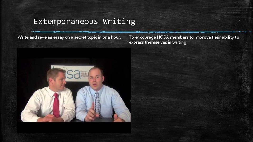 Extemporaneous Writing Write and save an essay on a secret topic in one hour.