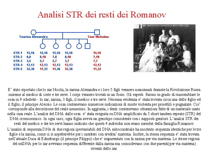 Analisi STR dei resti dei Romanov E’ stato riportato che lo zar Nicola, la