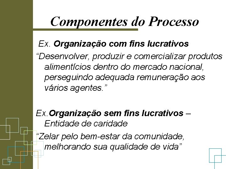 Componentes do Processo Ex. Organização com fins lucrativos “Desenvolver, produzir e comercializar produtos alimentícios