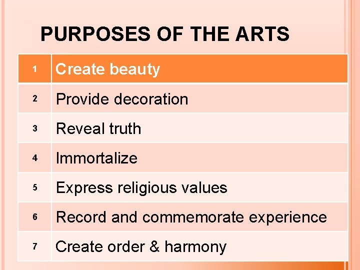 PURPOSES OF THE ARTS 1 Create beauty 2 Provide decoration 3 Reveal truth 4