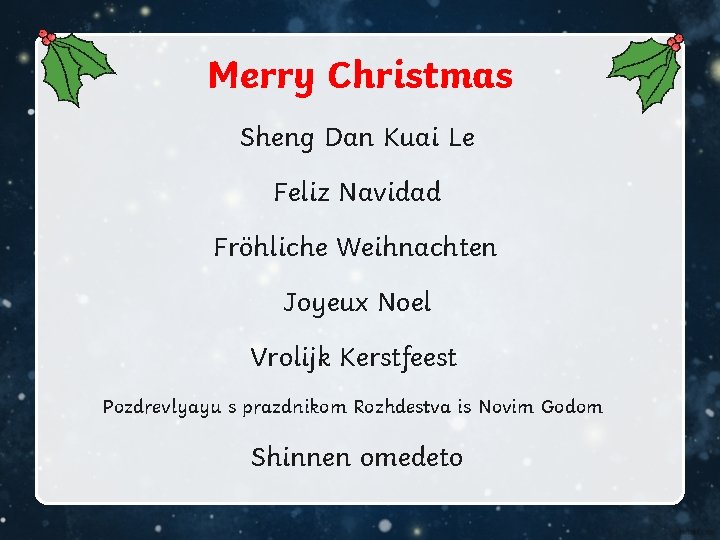 Merry Christmas Sheng Dan Kuai Le Feliz Navidad Fröhliche Weihnachten Joyeux Noel Vrolijk Kerstfeest