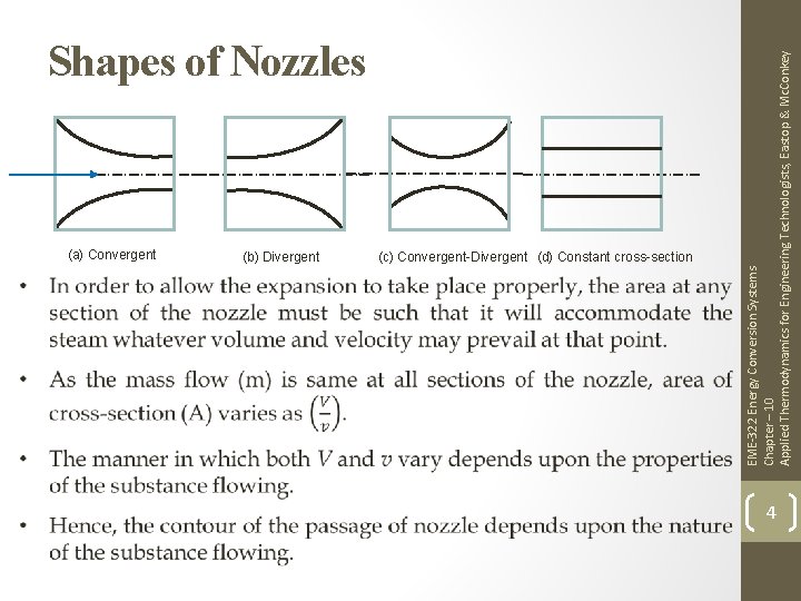 (a) Convergent (b) Divergent (c) Convergent-Divergent (d) Constant cross-section EME-322 Energy Conversion Systems Chapter