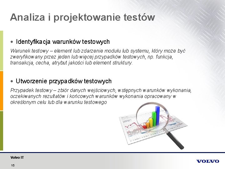 Analiza i projektowanie testów Identyfikacja warunków testowych Warunek testowy – element lub zdarzenie modułu