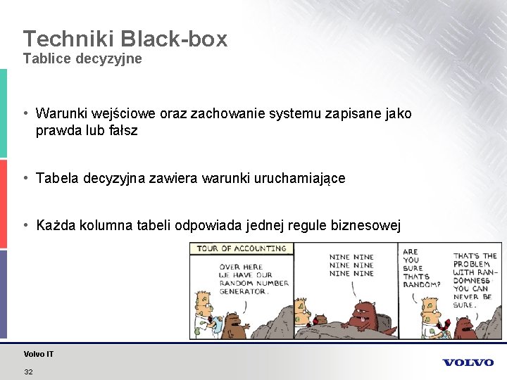 Techniki Black-box Tablice decyzyjne • Warunki wejściowe oraz zachowanie systemu zapisane jako prawda lub
