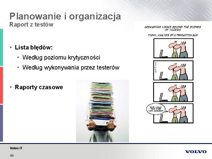 Planowanie i organizacja Raport z testów • Lista błędów: • Według poziomu krytyczności •