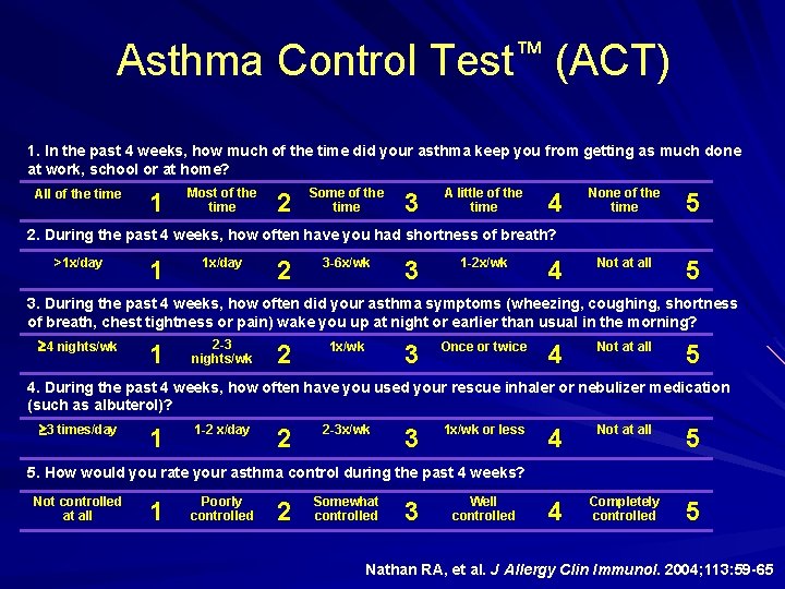 Asthma Control Test™ (ACT) 1. In the past 4 weeks, how much of the