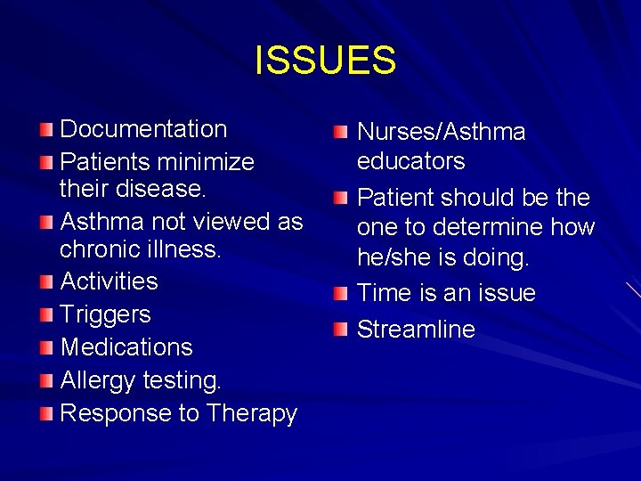 ISSUES Documentation Patients minimize their disease. Asthma not viewed as chronic illness. Activities Triggers