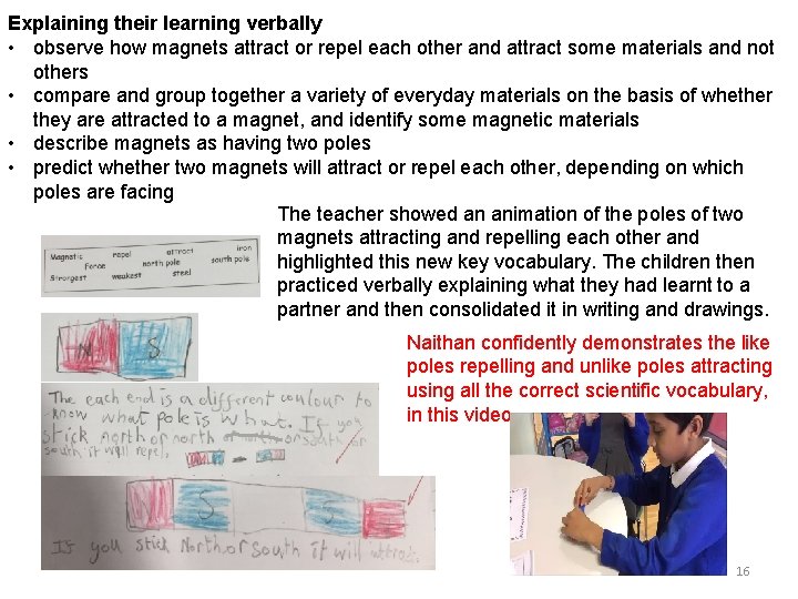 Explaining their learning verbally • observe how magnets attract or repel each other and