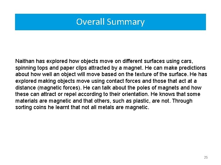 Overall Summary Naithan has explored how objects move on different surfaces using cars, spinning