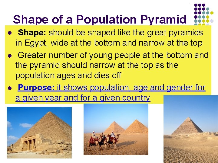 Shape of a Population Pyramid l l l Shape: should be shaped like the Shape of a Population Pyramid l l l Shape: should be shaped like the