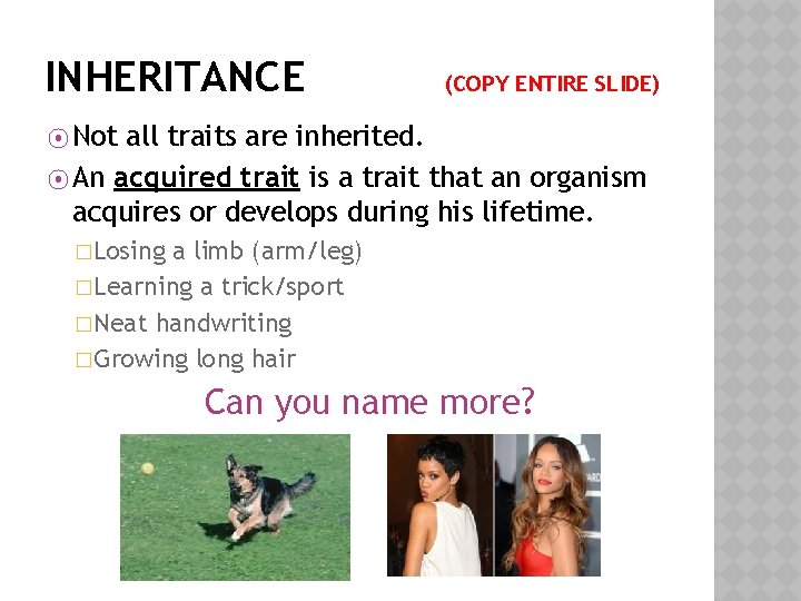 INHERITANCE (COPY ENTIRE SLIDE) ⦿ Not all traits are inherited. ⦿ An acquired trait