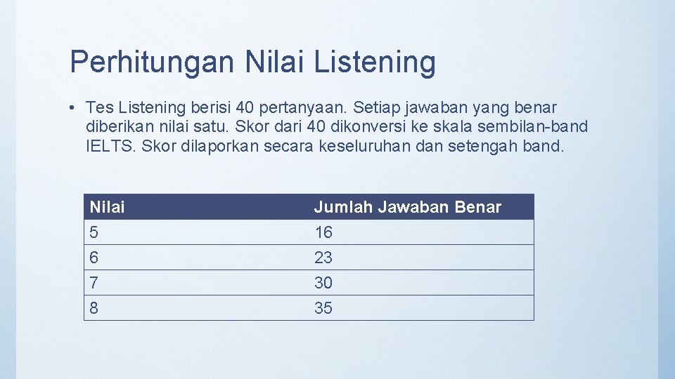 Perhitungan Nilai Listening • Tes Listening berisi 40 pertanyaan. Setiap jawaban yang benar diberikan