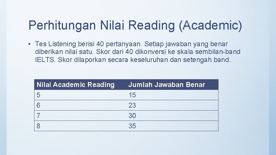 Perhitungan Nilai Reading (Academic) • Tes Listening berisi 40 pertanyaan. Setiap jawaban yang benar