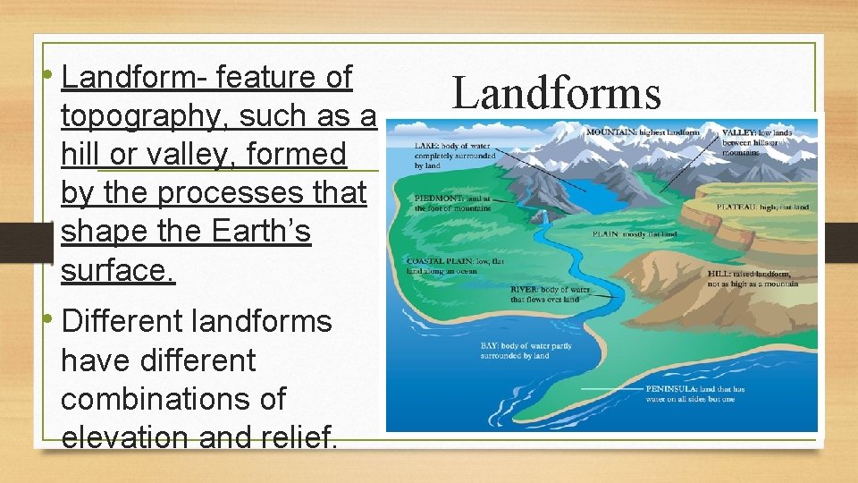  • Landform- feature of topography, such as a hill or valley, formed by
