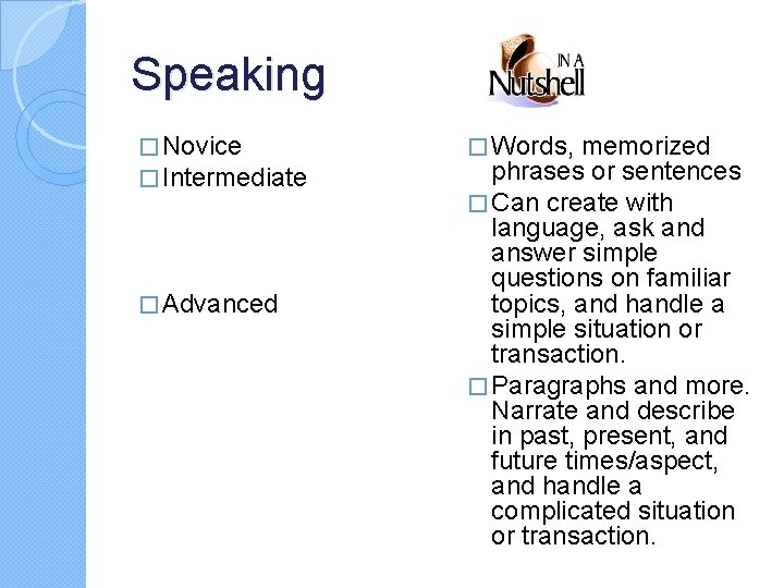 Speaking � Novice � Intermediate � Advanced � Words, memorized phrases or sentences �